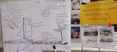 Local people's ideas written and drawn on a large piece of paper at a community consultation event